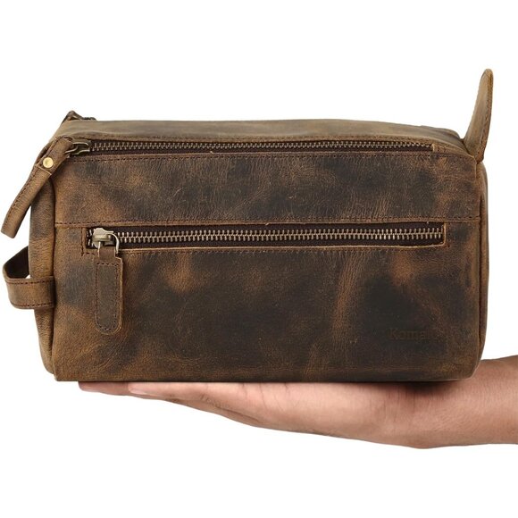 Unisex Distressed Tan Premium Buffalo Leather Toiletry Bag Travel Shaving kit - Picture 3 of 9